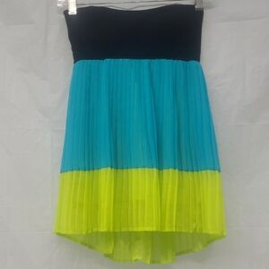 Strapless Halter Top Black Bra Bodice Green Aqua Blue Pleated Hi lo